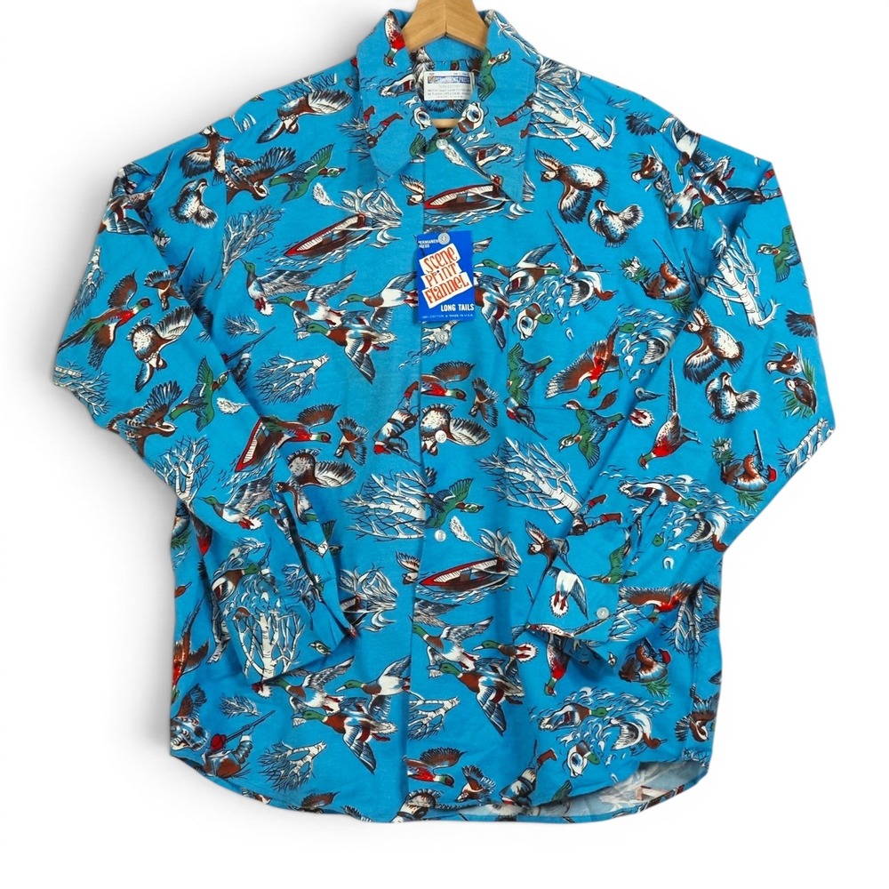 Vintage 70s Mens Duck Hunting Flannel‎ Shirt L Mallard Bird NWT USA Deadstock